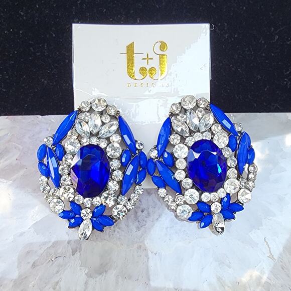 T & J Designs Royal Blue Fantasy Glass Crystal Drop Earrings - Picture 2 of 10